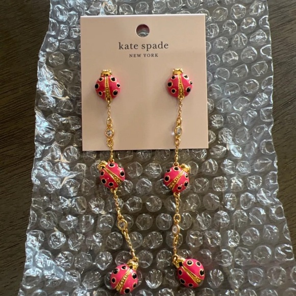 Kate Spade Ladybug Linear Earrings NWT Gold & Red - Picture 2 of 5